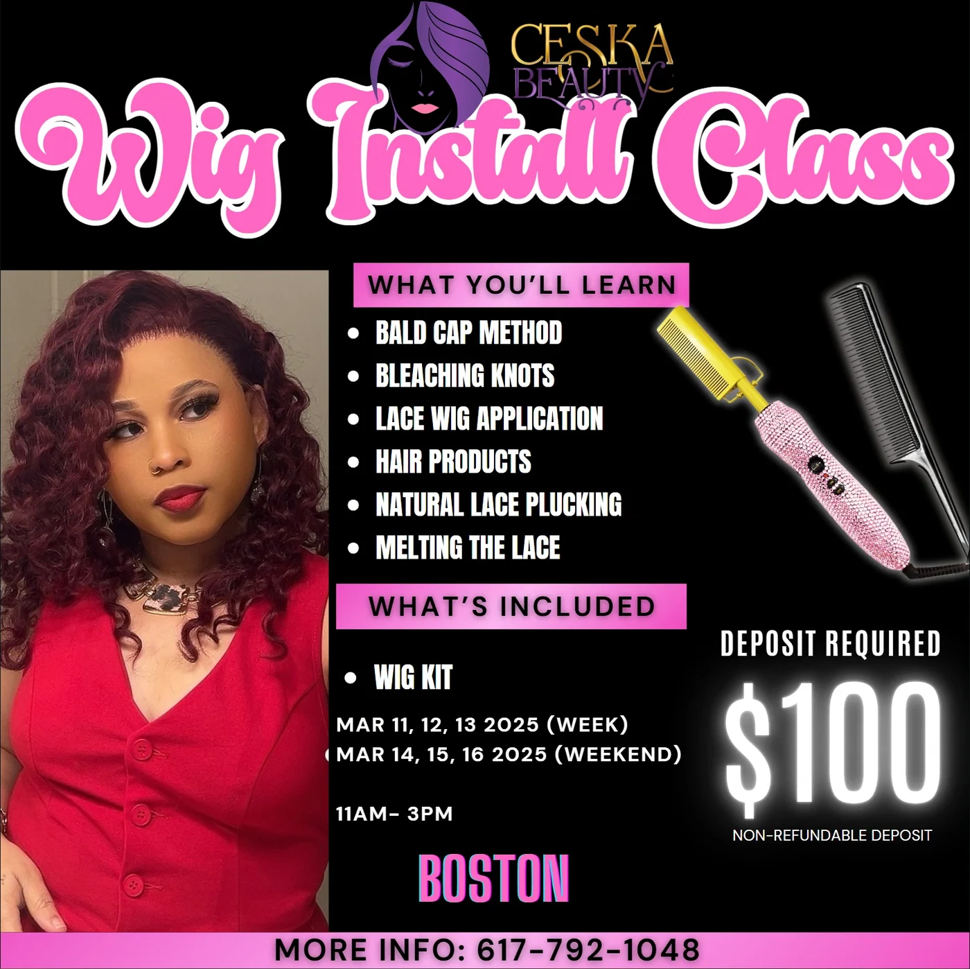 Previous Ceska Beauty wig installation class flyer showing hands-on lace wig training
